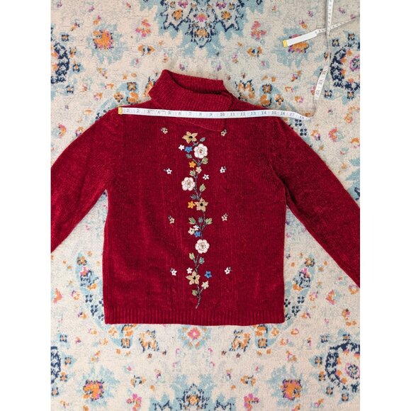 Alfred Dunner Petite Red Chenille Floral Embroidered Split‎ Turtleneck Sweater - - Picture 5 of 9